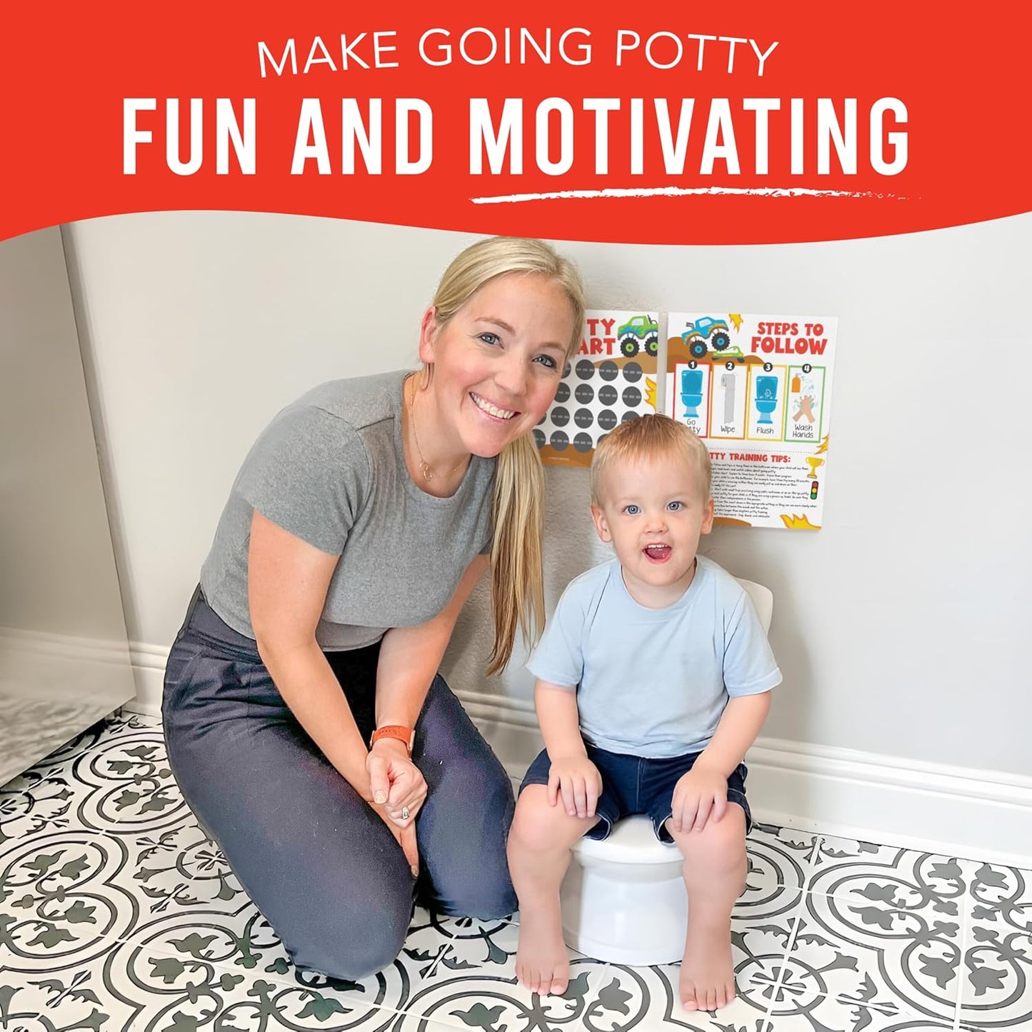 Hadley Designs Potty Training Chart for Toddlers Boys -10 Sticker Potty Chart for Toddlers Boys, 8.5x11" Potty Training Sticker Charts for Toilet Success, Monster Truck Toddler Reward Chart for Kids