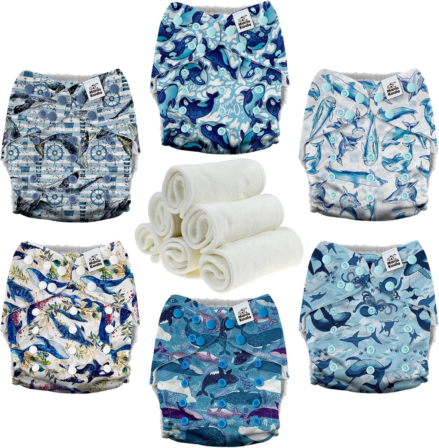 Mama Koala 3.0 Pocket Cloth Diapers for Babies with AWJ Lining, 6 Pack with 6 4-Layer Natural Cloth Diaper Inserts - Reusable and Washable Pocket Diapers(Hardworking Bees) - Colors A