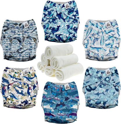 Mama Koala 3.0 Pocket Cloth Diapers for Babies with AWJ Lining, 6 Pack with 6 4-Layer Natural Cloth Diaper Inserts - Reusable and Washable Pocket Diapers(Hardworking Bees) - Colors A