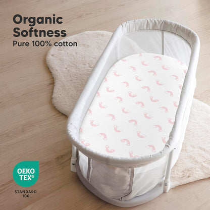 2-Pack Organic Bassinet Sheets for Girls, Boys - 100% Cotton Bassinet Mattress Sheets Compatible with Halo Bassinest Swivel Sleeper, Graco, Baby Delight, Chicco, Unisex Fitted Bassinet Sheets (Elly)