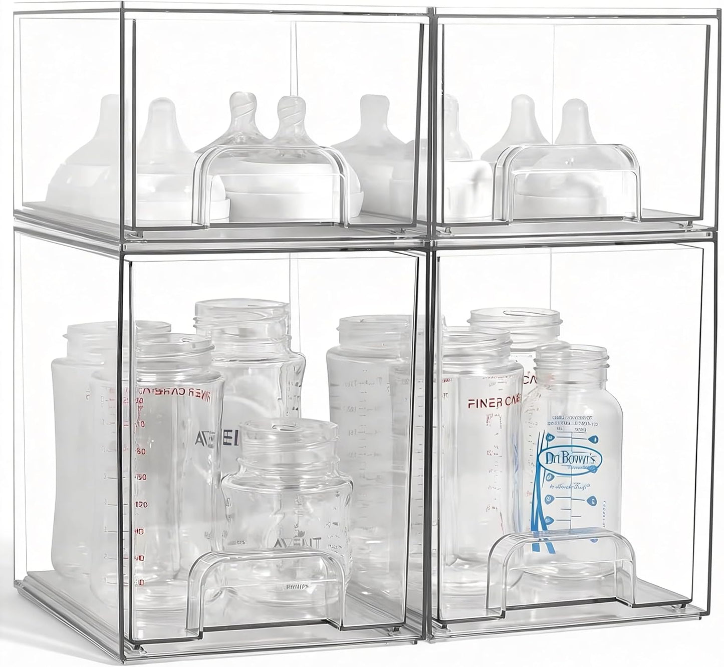 Baby Bottle Organizer, 4 Pack Clear Space-Saving Stackable Drawer with Handle, Baby Bottle Storage Organizer for Countertop and Cabinet