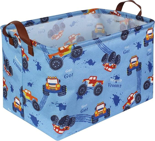 Rectangular Monster Truck Basket Organizer.Kids Baskets,Boys Storage Basket with Handles.Car Bins for Kids,Books, Gifts Storage. (Monster Trucks )