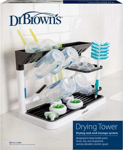 Dr. Brown's Baby Bottle Drying Tower, Stand-Up Countertop Drying Rack with Organized Storage for Baby Essentials, Space Saving Vertical Rack, Gray/White