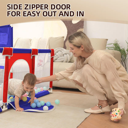 Playpen for Babies and Toddlers,73"x71"Baby Playpen with Mat Indoor＆Outdoor with Breathable Play Pen with Ocean Balls Hanging Pocket Basketball Hoop and Football Goal (Grey with Mat, 73"x71")