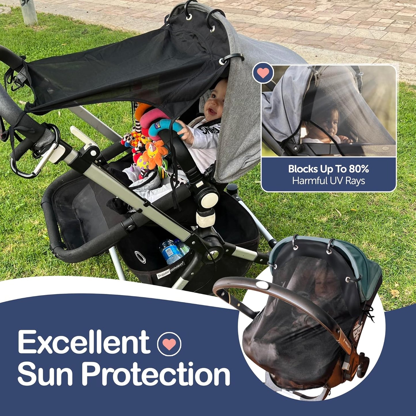 Stroller Sun Shade Extender – Universal Clip-On Baby Stroller Sun Shade Cover, UV Protection, Breathable See-Through Mesh, Adjustable Fit, Large Black