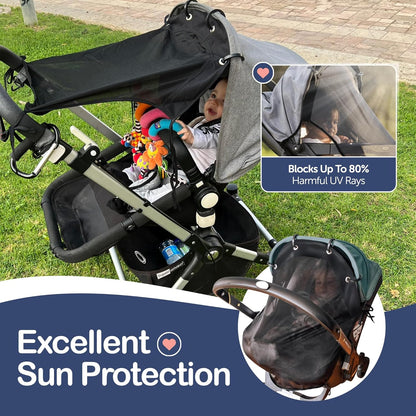 Stroller Sun Shade Extender – Universal Clip-On Baby Stroller Sun Shade Cover, UV Protection, Breathable See-Through Mesh, Adjustable Fit, Large Black