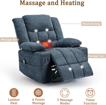 Korser 360° Swivel Rocker Recliner for Adults, Nursery Glider Recliner with Massage and Heating, Rocking Chair with Cup Holder, Manual Recliner Chair for Living Room, Bedroom (Fabric, Beige)