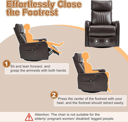 Manual 360° Swivel Rocker Recliner Chair for Adults, Overstuffed Glider Chair for Nursery with Vibration Massage and Heat, Comfy Soft Fabric Glider with Side Pockets for Living Room, Beige