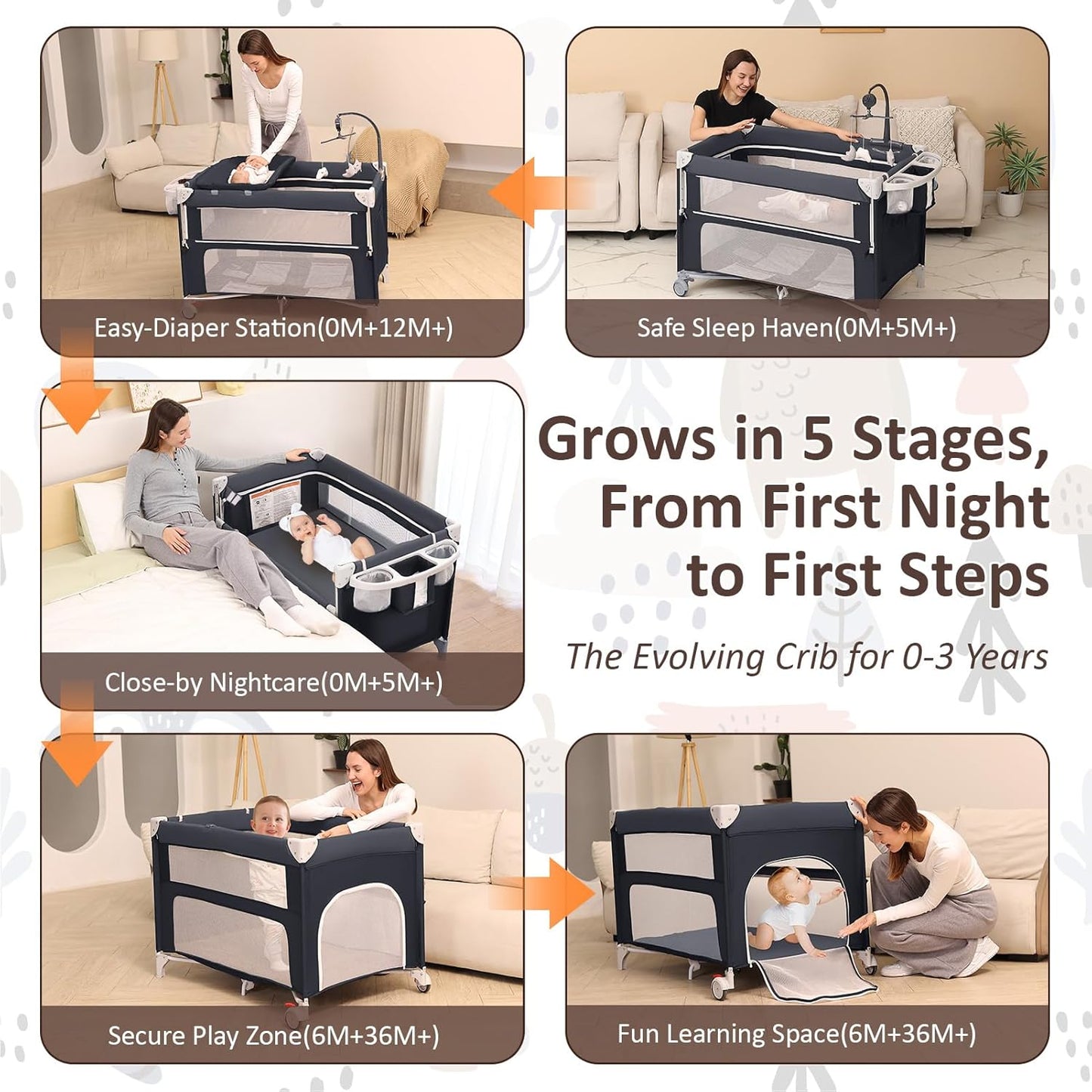 5-in-1 Baby Bassinet Bedside Sleeper, Foldable Pack and Play,One-Push Bedside Crib with Playard, Includes Mattress, Changing Table, Mosquito Net, Music Toy & Storage for Newborn to Toddler (Dark Grey)