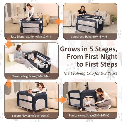5-in-1 Baby Bassinet Bedside Sleeper, Foldable Pack and Play,One-Push Bedside Crib with Playard, Includes Mattress, Changing Table, Mosquito Net, Music Toy & Storage for Newborn to Toddler (Dark Grey)