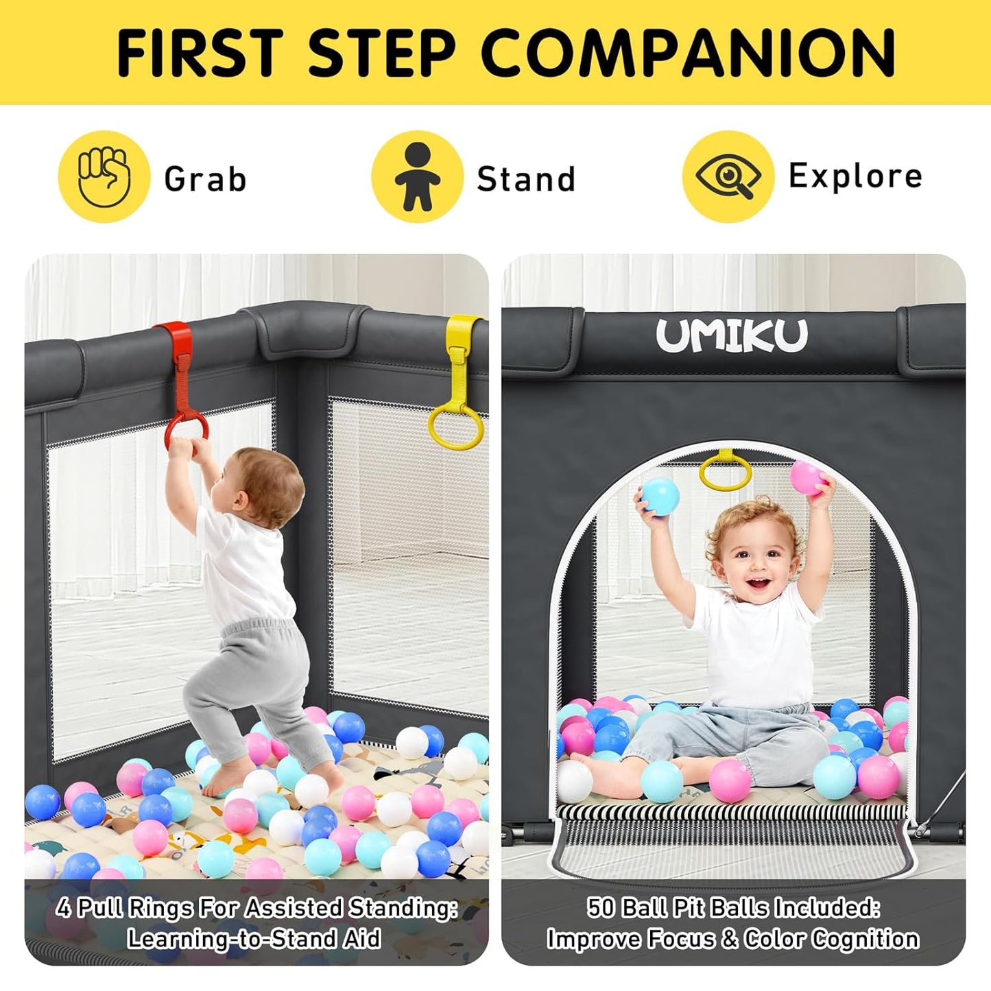 Baby Playpen Foldable Playpen for Babies and Toddlers, Large Playpens Portable Play Pen Play Yard for Kids Fence Indoor Outdoor Travel 4 Handlers 50 Balls Baby Gifts Essentials 50"X50" Dark Grey