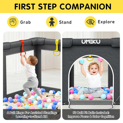 Baby Playpen Foldable Playpen for Babies and Toddlers, Large Playpens Portable Play Pen Play Yard for Kids Fence Indoor Outdoor Travel 4 Handlers 50 Balls Baby Gifts Essentials 50"X50" Dark Grey
