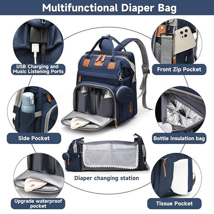 Baby Diaper Bags with Changing Station Multifunctional Waterproof Diaper Bag Backpack Travel Baby Bag with Changing Pad, Pacifier Case,Baby Essentials(Blue)
