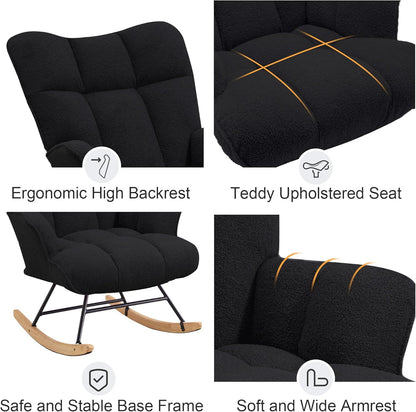 Zedachica Rocking Chair Nursery Teddy Upholstered Glider Rocker Rocking Accent Chair Padded Seat with High Backrest Armchair Comfy Side Chair for Living Room Bedroom Offices (Black Teddy)