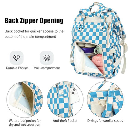Baby Diaper Bag Backpack for Mom, Large Capacity Travel Nappy Bag for Boys & Girls with Stroller Straps (Corduroy Checkered Blue)