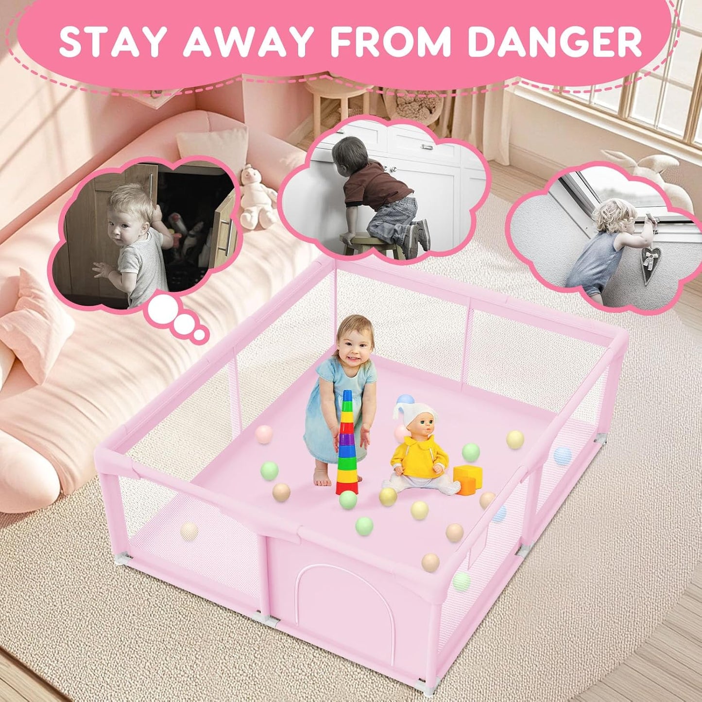 besuhot Baby Playpen Extra Large Play Yard 74" x 50" Playpen for Babies and Toddlers with Anti-Slip Suckers and Zipper Gate, Safety Baby Activity Center for Indoor & Outdoor