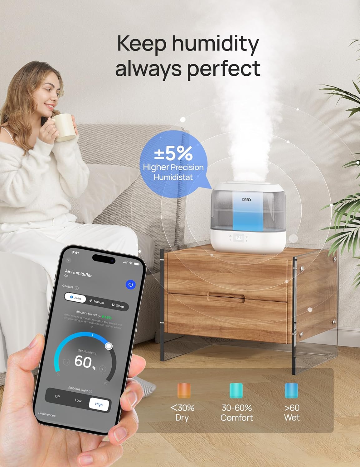 Dreo Smart Humidifiers for Bedroom, Top Fill 4L Supersized Humidifier Large Room with 28 dB, 36H Runtime, Touch/APP/Voice Control, Nightlight, Cool Mist Humidifiers for Baby, Plants, Indoor, Black