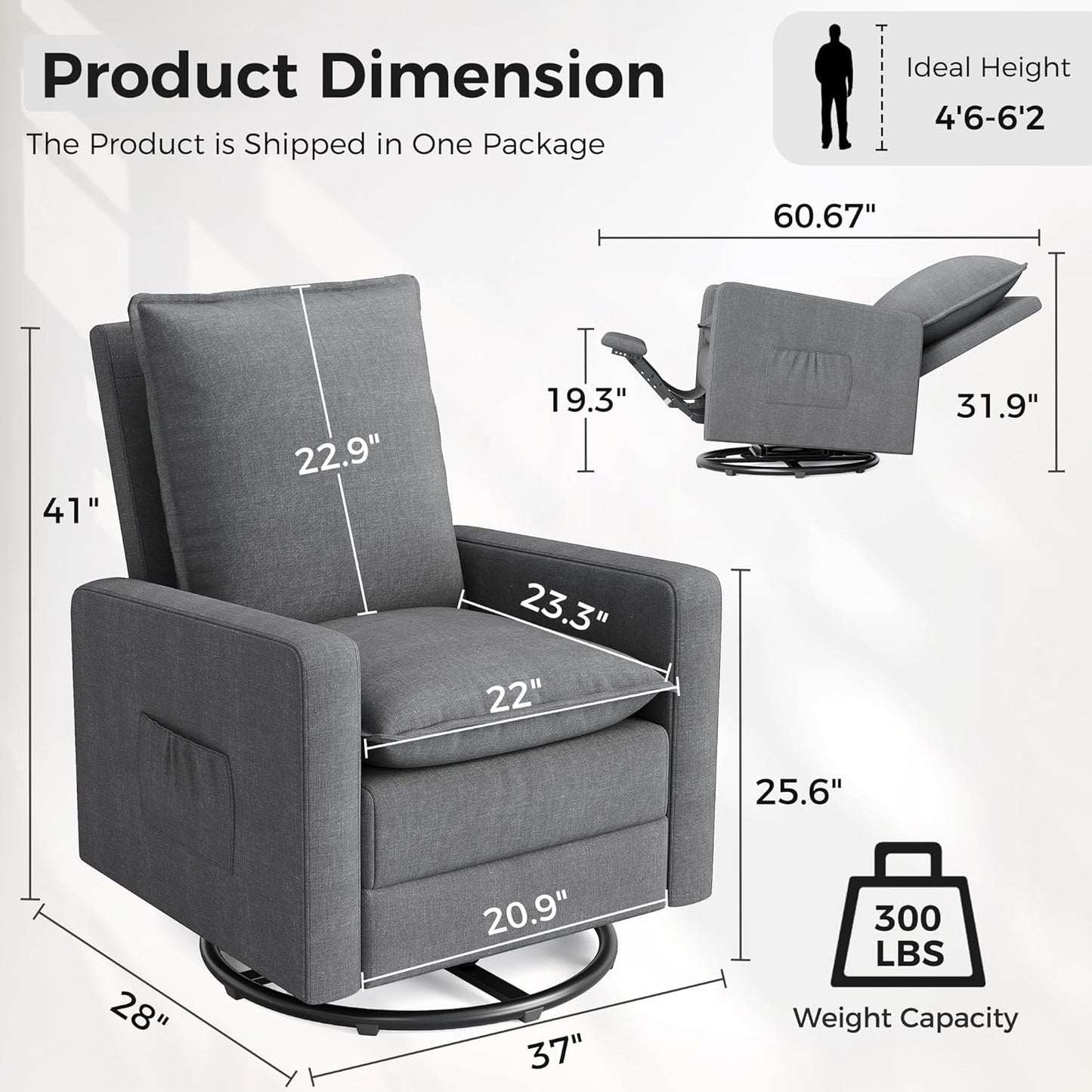 Amopatio Swivel Glider Recliner for Indoor, Nursery Rocker Chair Upholstered Single Sofa with Side Pockets and Footrest for Living Room Bedroom