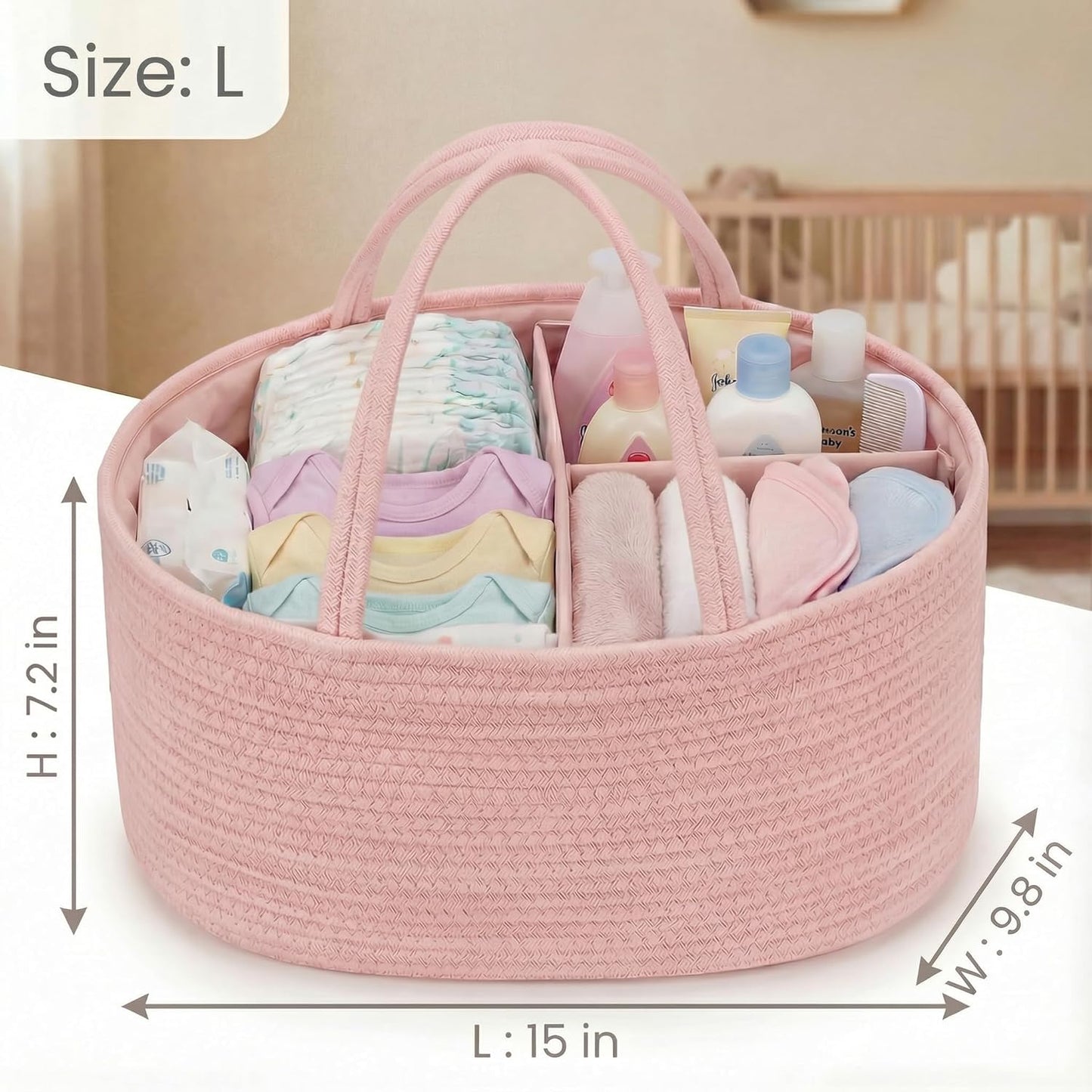 luxury little Diaper Caddy Organizer, Large Cotton Rope Nursery Baby Basket, Changing Table Organizer for Baby Diaper Storage, Portable Car Organizer Removable Divider (Off White, Large)