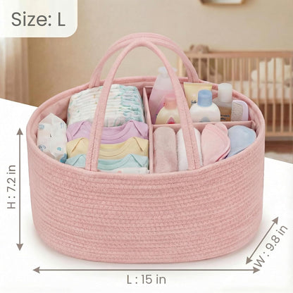 luxury little Diaper Caddy Organizer, Large Cotton Rope Nursery Baby Basket, Changing Table Organizer for Baby Diaper Storage, Portable Car Organizer Removable Divider (Off White, Large)