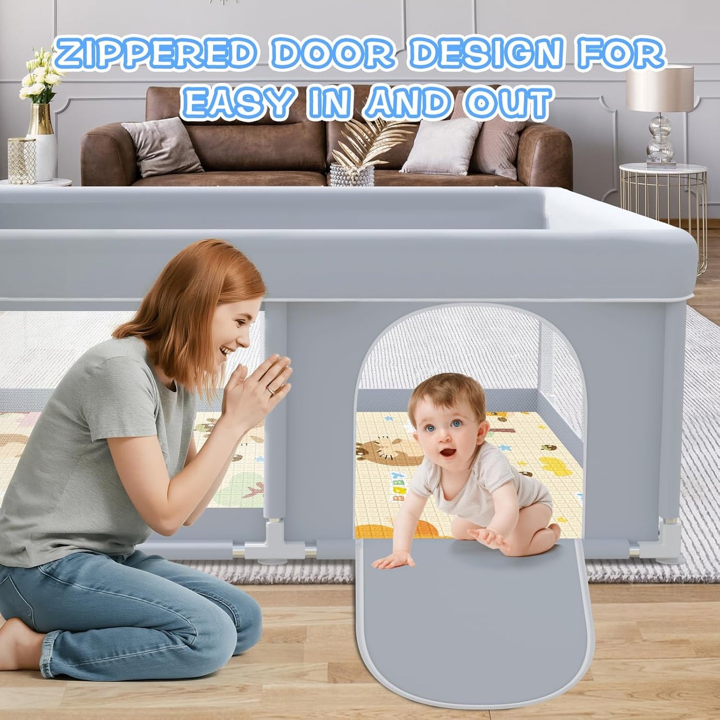 XVISHX Baby Playpen 50 x 50 Inch Play Pen Playards, Playpen for Babies and Toddlers, Baby Playard for Indoor & Outdoor Active Center Game Fence, with Skin-Friendly Fabric and Soft Breathable Mesh Grey
