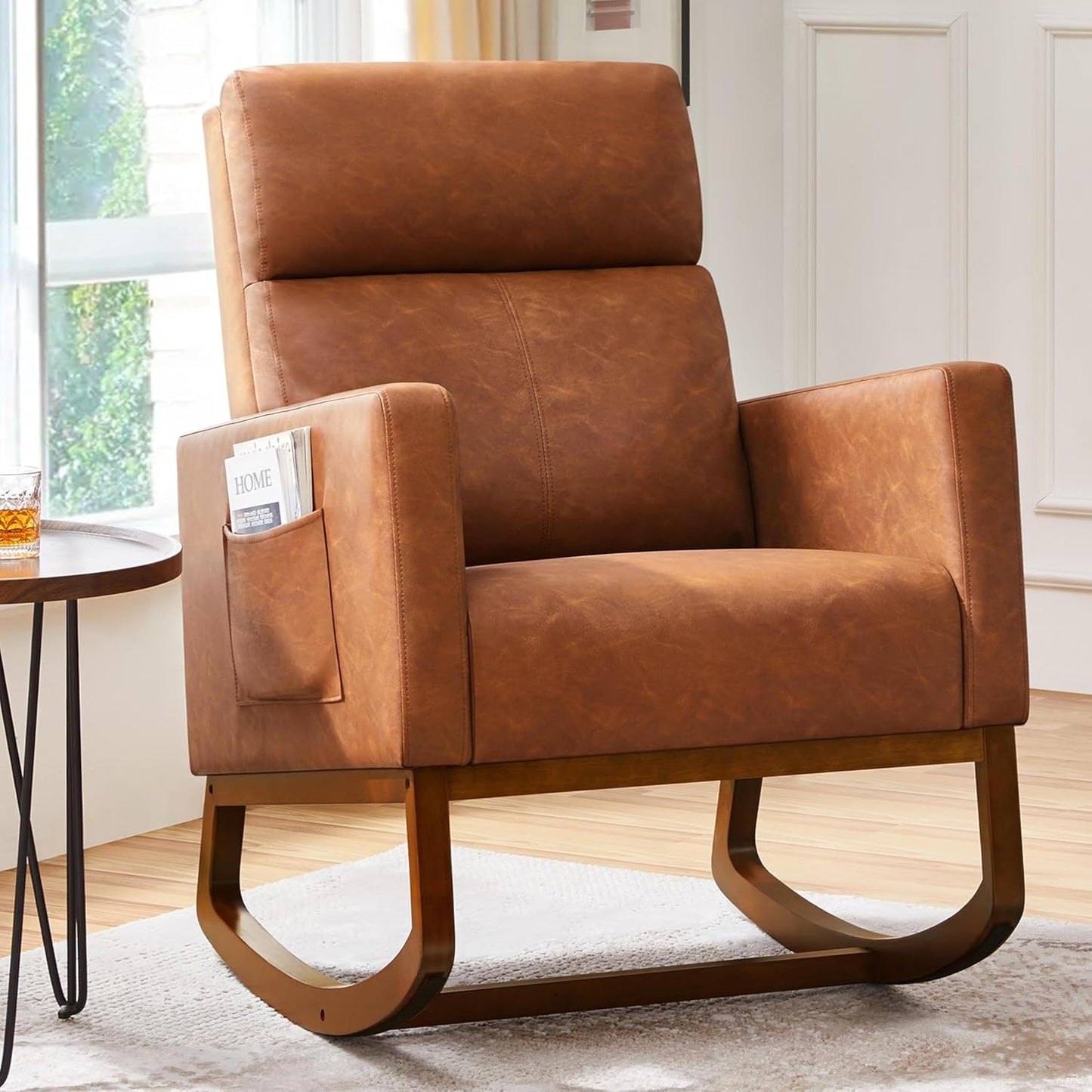Yaheetech Upholstered Rocking Chair, Boucle Glider Chair Nursery Chair with High Back and Side Pocket, Rocking Accent Armchair with Rubber Wood Legs for Living Room/Bedroom/Nursery, Ivory