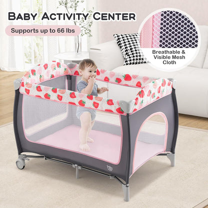 BABY JOY 4 in 1 Pack and Play, Portable Baby Playard with Bassinet, Side Zipper Door, Changing Table, Indoor Outdoor Travel Nursery Center w/Hanging Bar, Lockable Wheels, Carry Bag