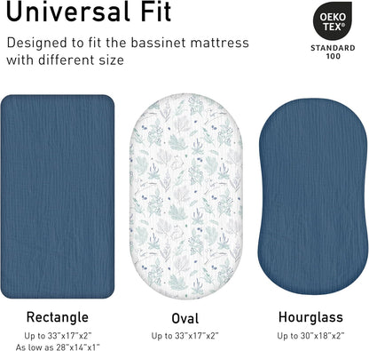 Muslin Bassinet Fitted Sheets 2 Pack, Soft Breathable Cotton Baby Bassinet Mattress Sheet Set, 360° Elastic Snug Fit, Universal for Oval, Rectangle & Hourglass Cradle, Unisex Baby Bedding (Cute Cars)