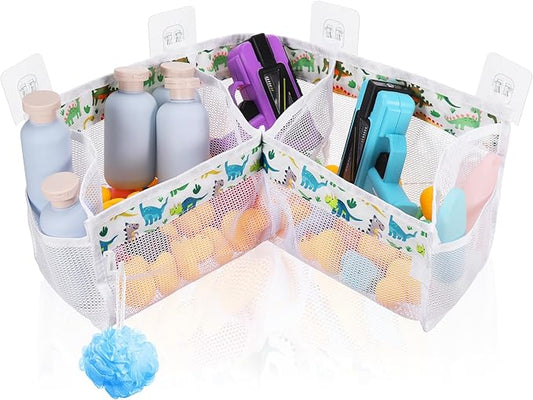 Bath Toy Storage Organizer, 3 Compartment Corner Bath Toy Holder for Tubs, Large Capacity & Quick-Drying Mesh - 4 Strong Adhesive Hooks for Easy Access