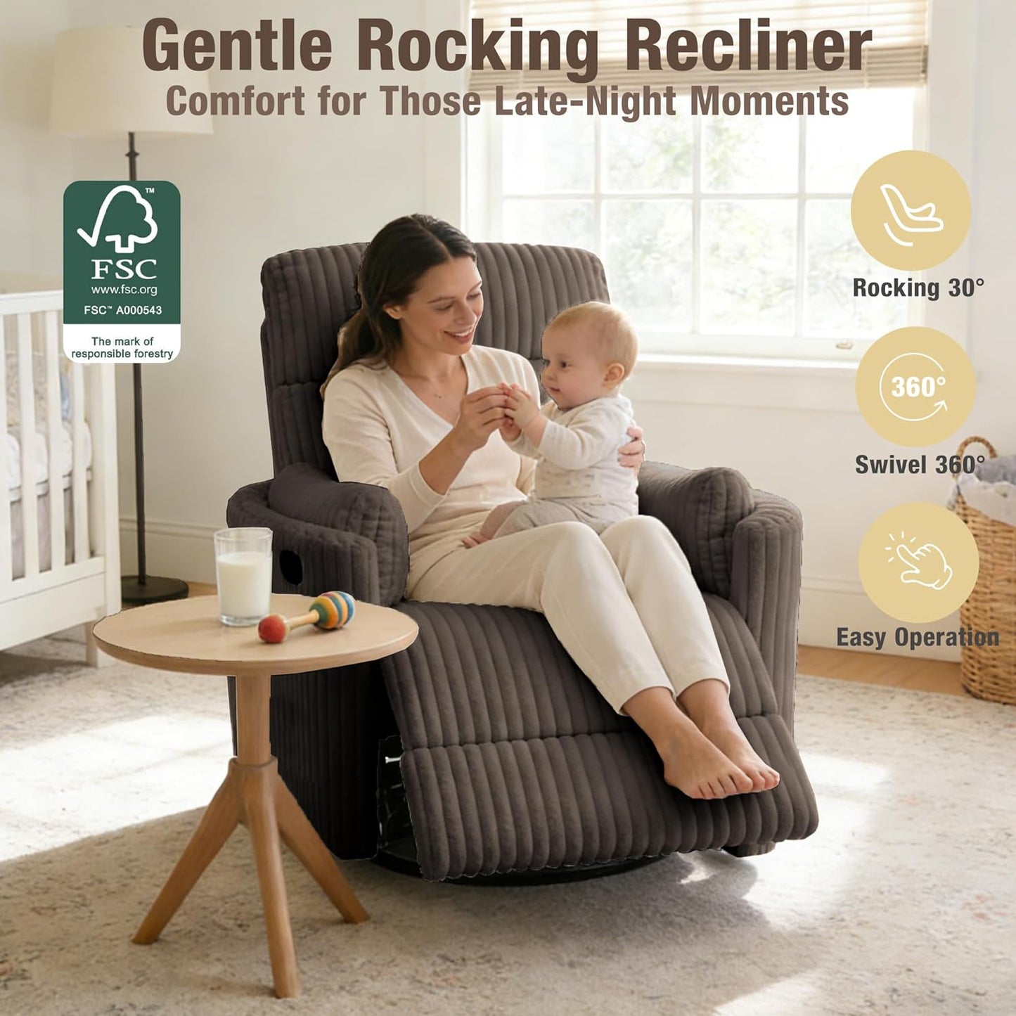 Oversized Swivel Rocking Chair, Manual Large Rocker Recliner Chairs for Adults, Corduroy Nursery Glider Barrel Chair with 2 Pillows, Wide Recliner for Living Room, Bedroom, Nursery, White
