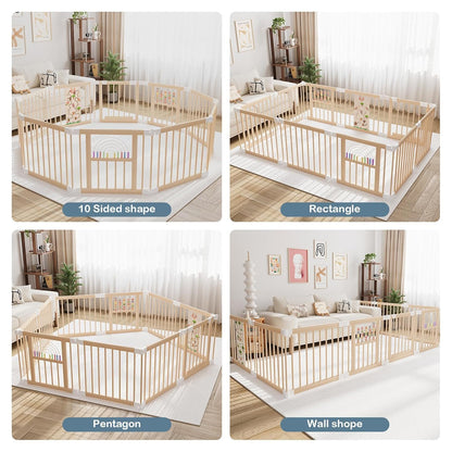 Ulnxiy Foldable Wooden Baby Playpen Activity Center,Adjustable Size & Shape Portable Play Yard, Baby Fence Play Area with Gate for Indoor Use for Babies and Toddlers(84x56x24inches)