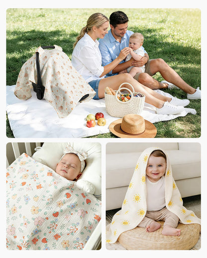 100% Muslin Cotton Car Seat Cover for Baby, Soft Breathable Car Seat Canopy, Universal Infant Carseat Cover Sun Protector, Lightweight Summer Stroller Cover for Boys Girls - Strawberry