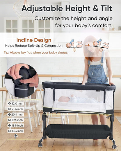 KRIDDO 2-in-1 Baby Bassinet for Infant, Bedside Bassinet with All-around Breathable Mesh, Lockable Wheels, Adjustable Height and Incline, Bedside Sleeper for Baby with Large Storage Basket, Light Grey