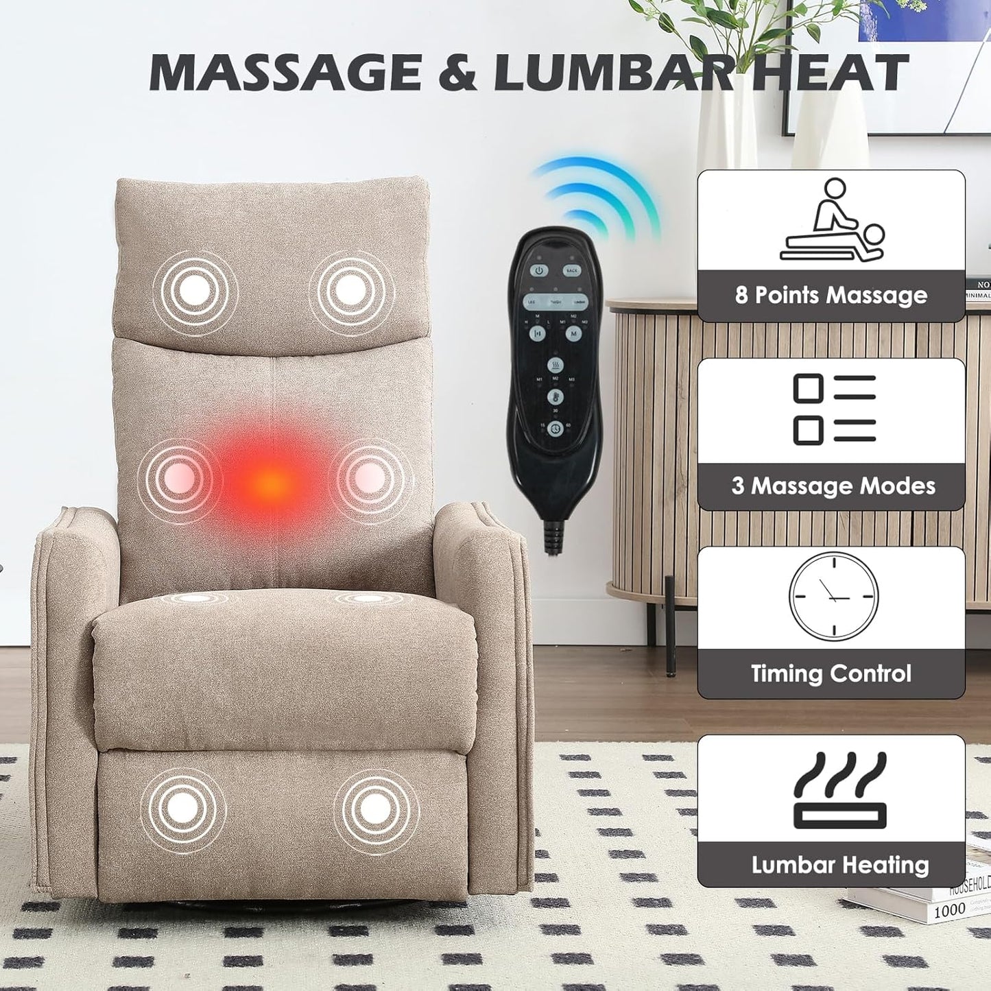 Trustyue Swivel Rocker Recliner Chair, 360° Swivel Recliner with Heat and Massage, Rocker Recliner Nursery Glider Chair with Side Pockets for Living Room (Beige, Fabric)