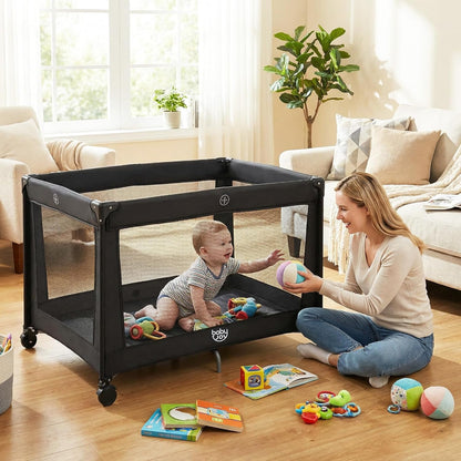 BABY JOY 3 in 1 Pack and Play, Portable Baby Playard with Bassinet, Changing Table, Lockable Wheels, Glowing Music Box, Travel Baby Crib Bassinet Bed from Newborn to Toddler
