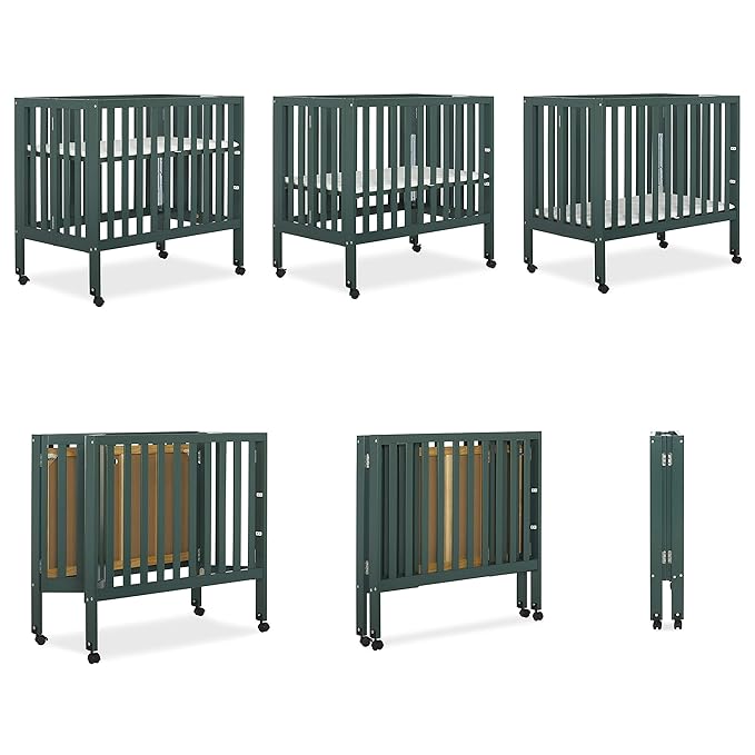 Dream On Me Jett Mini Folding Baby Crib in Olive, GreenGuard Gold & BSA, Lightweight & Portable, Patented Flat Folding System for Small Spaces & Travel, 1.5” Mattress Pad, 3 Heights, Safe Wheels