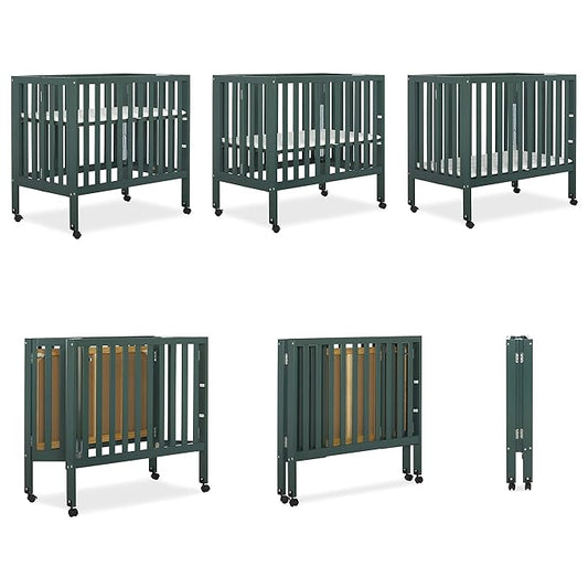 Dream On Me Jett Mini Folding Baby Crib in Olive, GreenGuard Gold & BSA, Lightweight & Portable, Patented Flat Folding System for Small Spaces & Travel, 1.5” Mattress Pad, 3 Heights, Safe Wheels