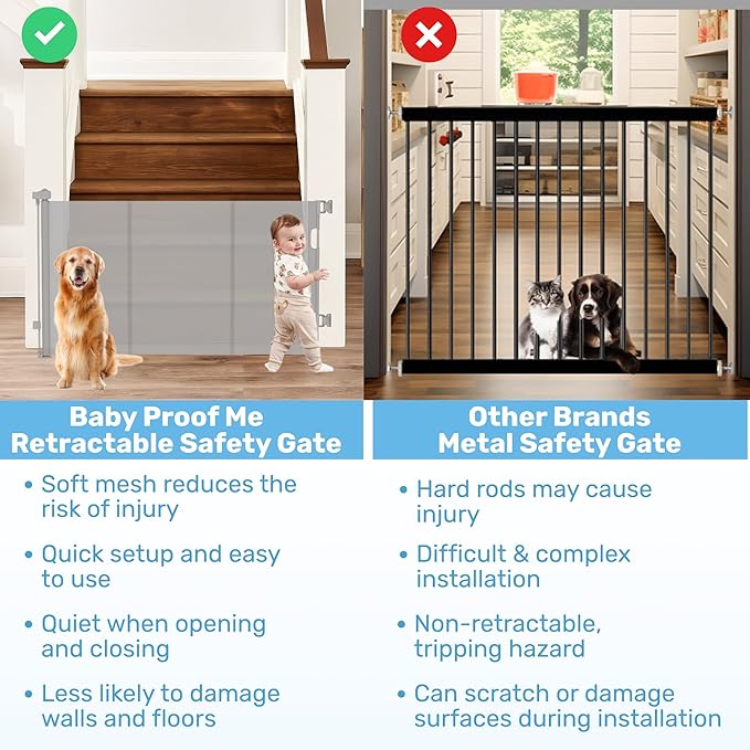 Baby Proof Me Retractable Baby Gates for Stairs & Doorways - 71” Wide Mesh Safety Gate for Toddlers, Dog & Pets - Use for Indoor/Outdoor, Hallways, Deck, Porch - Easy Installation, Secure Closure
