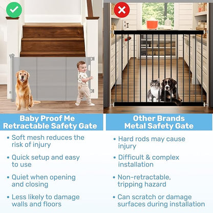 Baby Proof Me Retractable Baby Gates for Stairs & Doorways - 71” Wide Mesh Safety Gate for Toddlers, Dog & Pets - Use for Indoor/Outdoor, Hallways, Deck, Porch - Easy Installation, Secure Closure