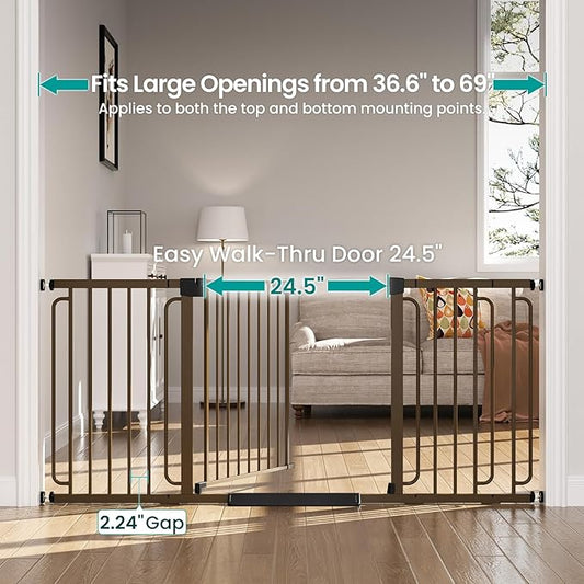 Cumbor Extra Wide Baby Gate, 36.6-69" Walk-Through Dog Gate for Stairs, Doorways & Hallways, 30.5“ Tall, Auto-Close & Dual-Swing Safety Child Gate Indoor, Easy Install Pressure-Mounted Pet Gate, Brown