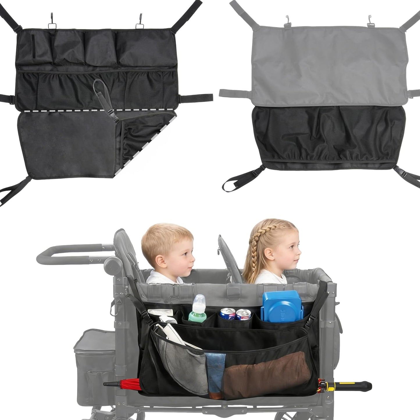 Stroller Wagon Cargo Net and Organizer Compatible with Wonderfold W2 & W4, Double-Layer Expandable Storage Net with Zippered Pockets, Foldable Wagon Accessories, Heavy-Duty Mesh (1 Pack)