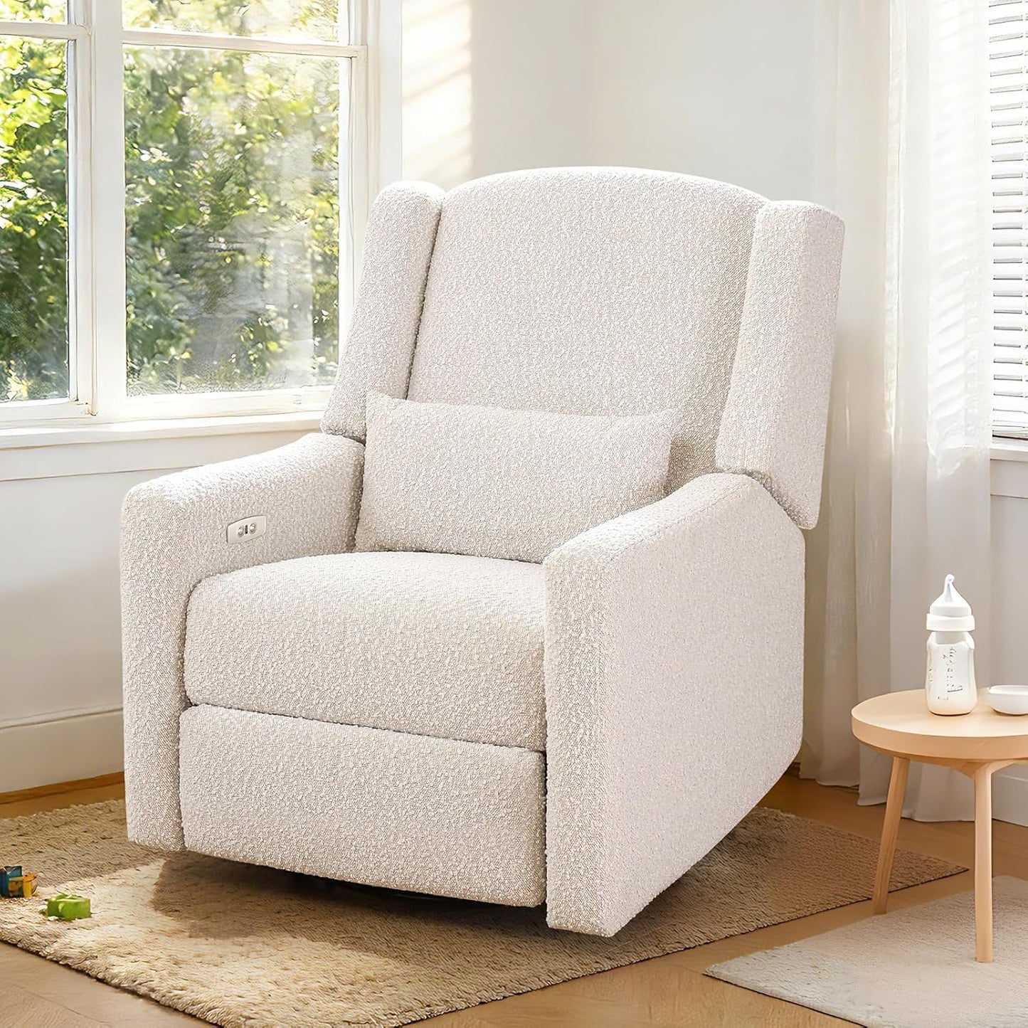 Power Recliner Chair Swivel Gilder Rocking Chairs Skin-Friendly Power Recliner Nursery Chair for Adults with Waist Pillow, USB Charging (Beige, Only Recliner Chair)