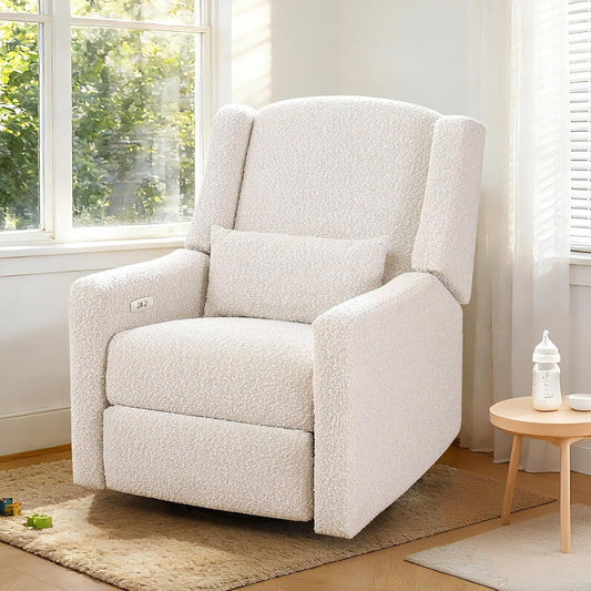 Power Recliner Chair Swivel Gilder Rocking Chairs Skin-Friendly Power Recliner Nursery Chair for Adults with Waist Pillow, USB Charging (Beige, Only Recliner Chair)