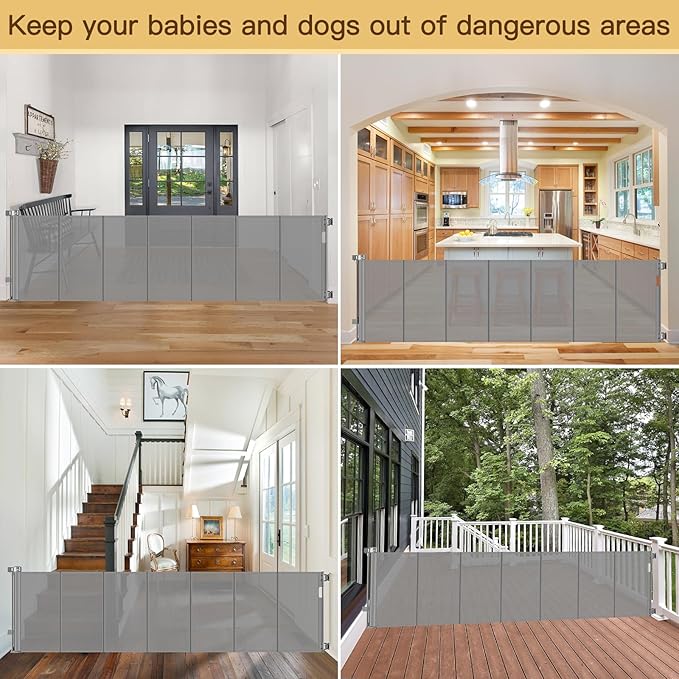 Reinforced 159 Inch Extra Wide Retractable Dog Gate with Support Rods, Indoor/Outdoor Retractable Gate, Prevent Babies and Dogs from Crawling Through Mesh Baby Gates for Doorways Extra Wide, Gray