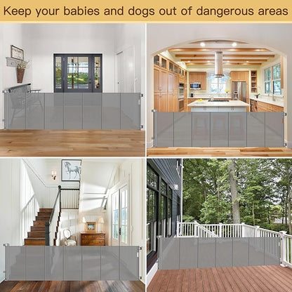 Reinforced 159 Inch Extra Wide Retractable Dog Gate with Support Rods, Indoor/Outdoor Retractable Gate, Prevent Babies and Dogs from Crawling Through Mesh Baby Gates for Doorways Extra Wide, Gray
