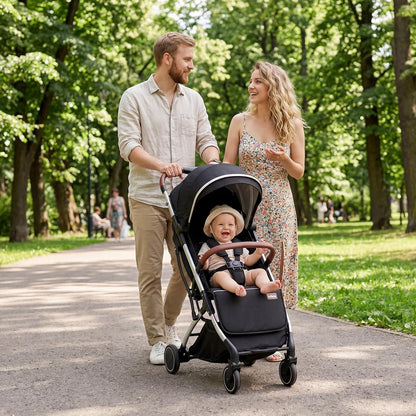 INFANS Travel Stroller, Lightweight Compact Baby Stroller for Airplane with One-Hand Fold, Multi-Position Recline, Canopy, 4 Wheel Suspension, Storage Basket (Grey+Black)