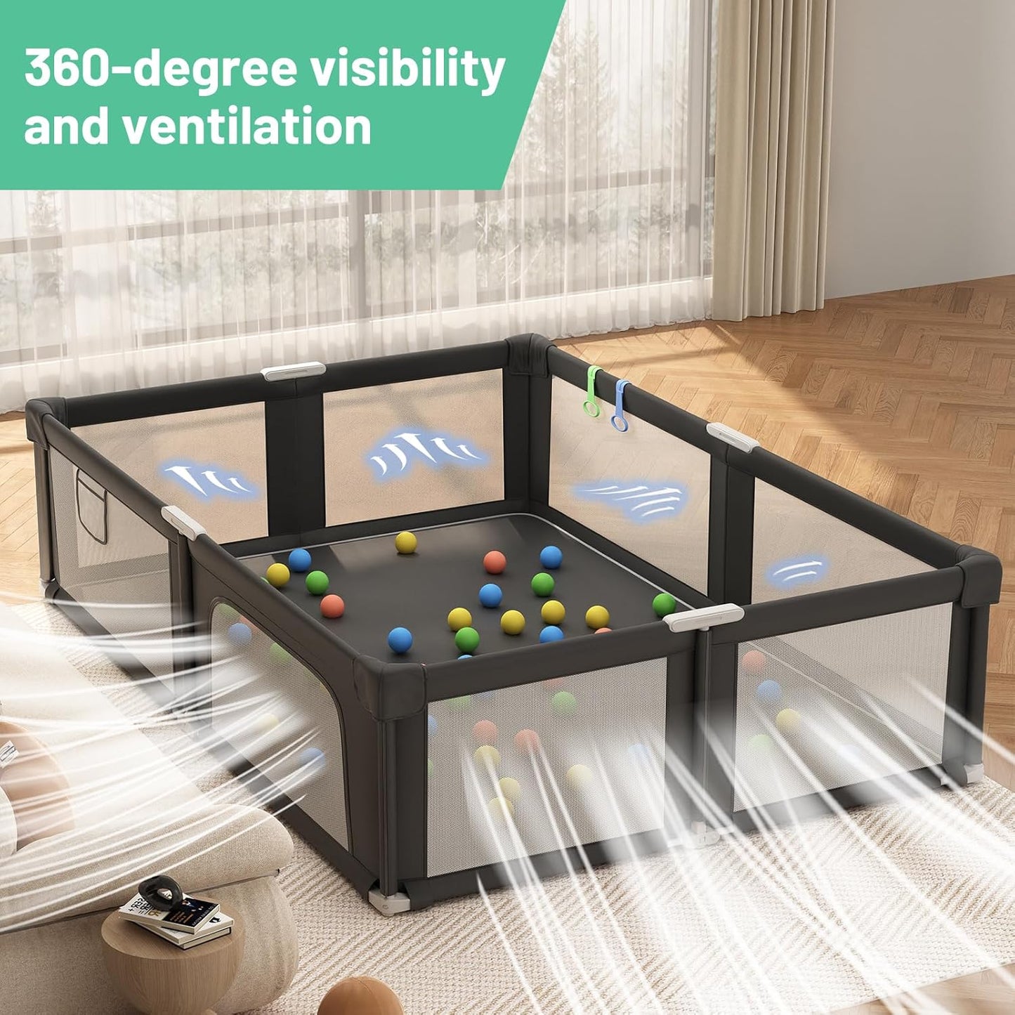 Foldable Playpen for Babies and Toddlers, 51" Portable Play Pen with Mat and Ocean Balls, Play Yard with with Visible Mesh for Inddor and Outdoor, No Assembly Required, Dark Gray