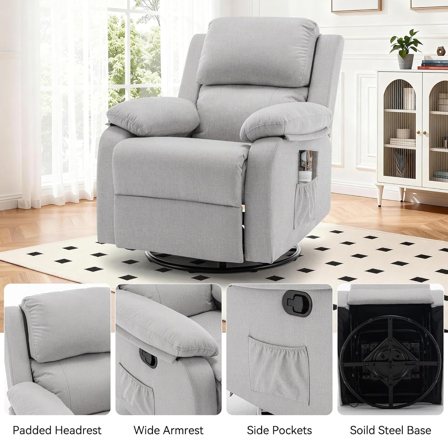 Korser Recliner Chair, 360 Swivel Rocker Chair for Adults, Small Rocking Recliner for Small Spaces, Upholstered Fabric Glider Recliner Nursery