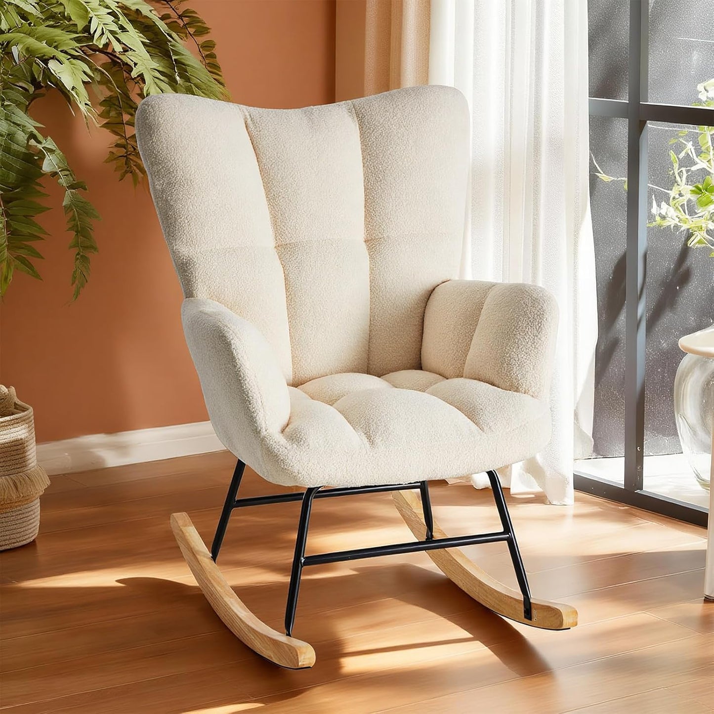 DUMOS Nursery Rocking Chair Teddy Upholstered, Comfy Glider Rocker with High Backrest Armchair Padded Seat, Accent Side Chair for Living Room Bedroom Offices Small Spaces Indoor, Beige
