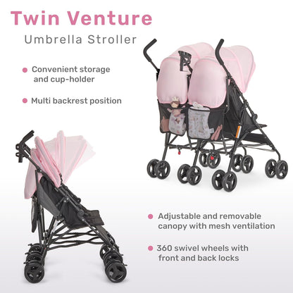 Dream On Me Twin Venture Umbrella Stroller in Pink, Multi Backrest Positions, Adjustable & Removable Canopy Double Stroller, 360°Swivel Wheels with Locks